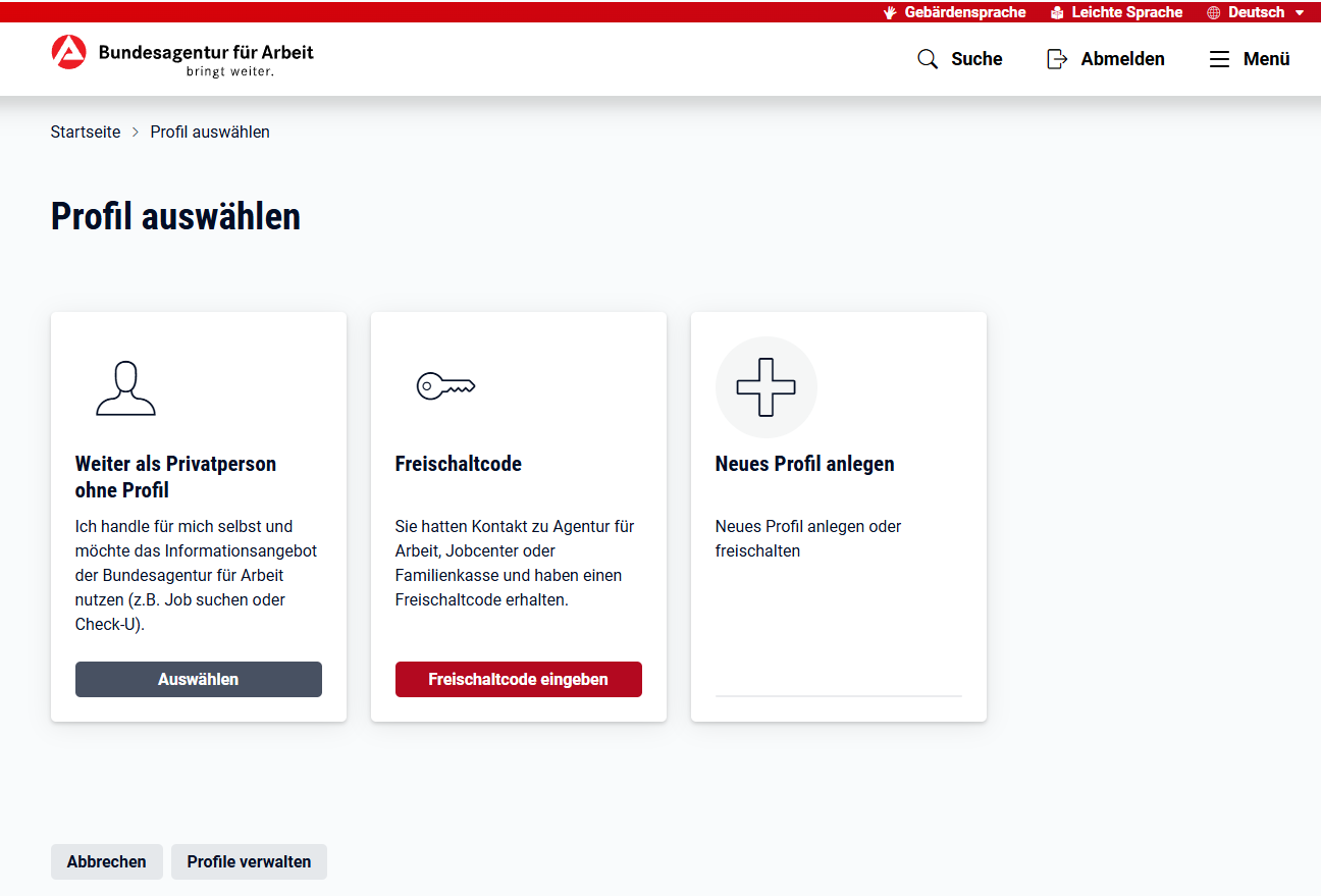 Profil-Einstellungen mit Freischaltcode-Eingabefeld.